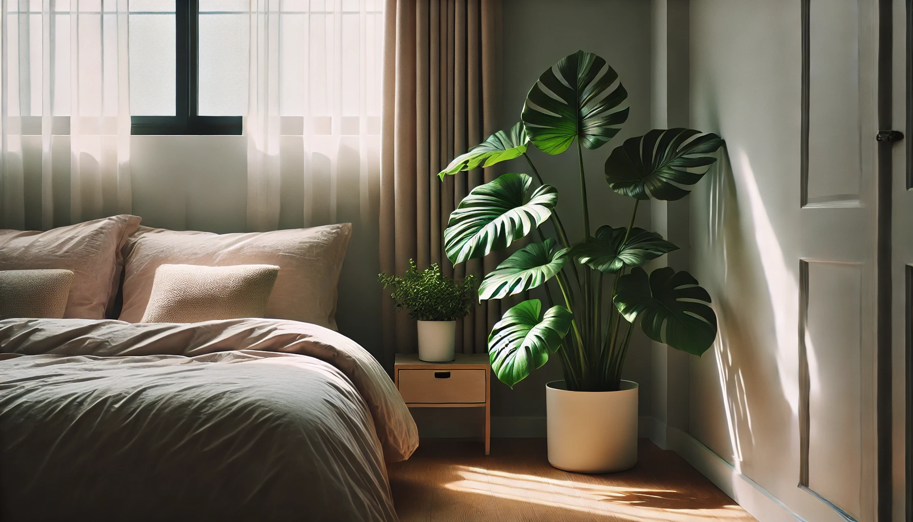 Planta en una maceta colocada en el rincón de un dormitorio iluminado.