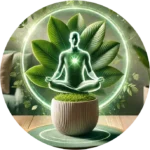 Icono de una planta en maceta y persona en meditación rodeada de energía positiva