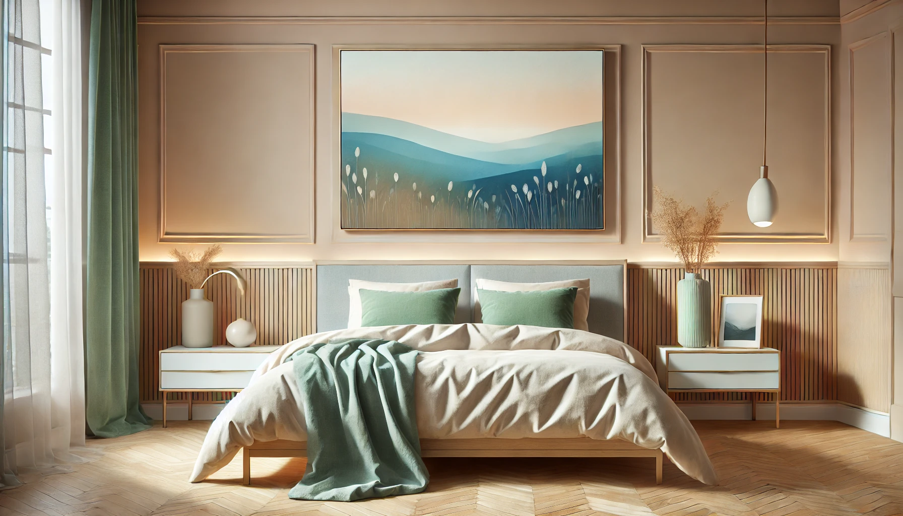 Fotografía o pintura serena sobre la cabecera de la cama, en tonos calmantes.