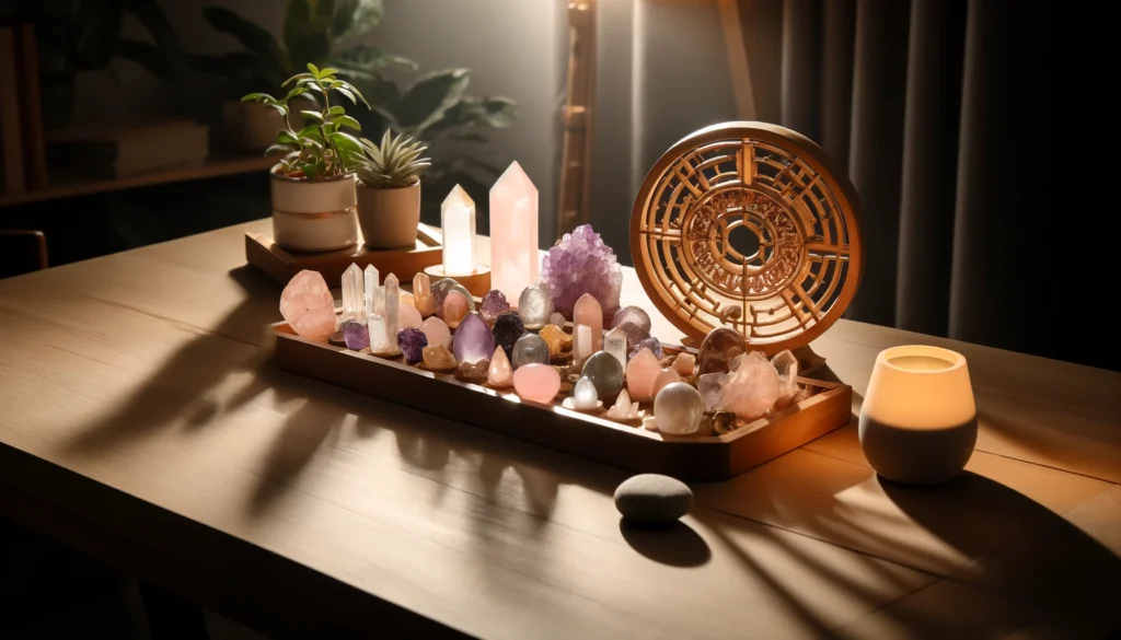 Mesa con cristales de feng shui como amatista, cuarzo rosa y citrino