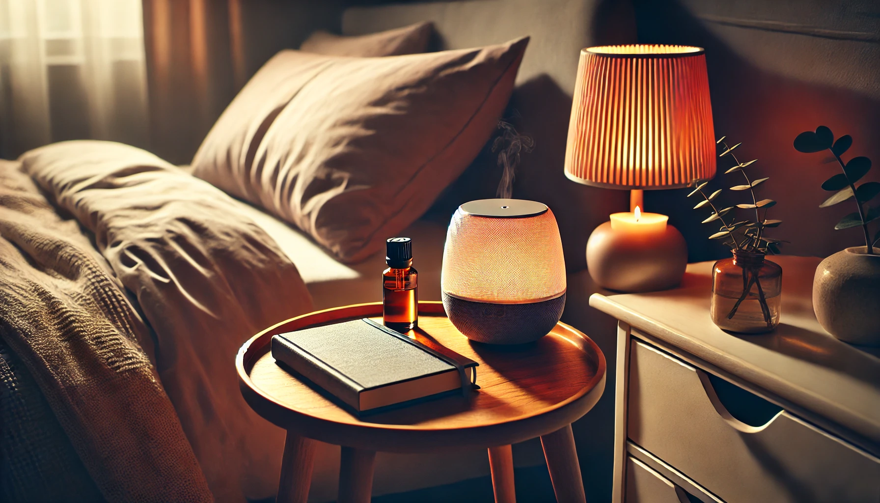 Mesa de noche con vela, libro y difusor de aceites esenciales en un dormitorio.